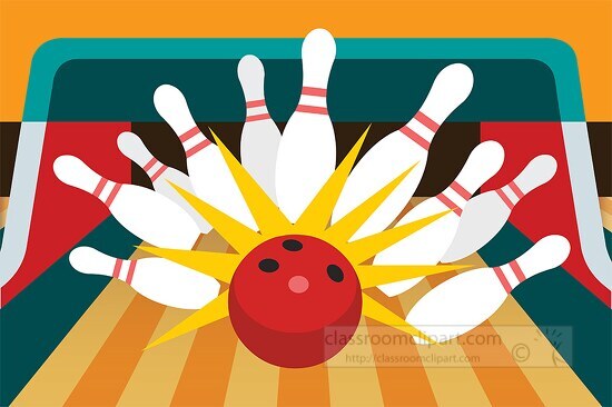 bowling ball hitting pins on alley clipart
