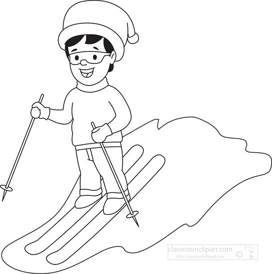 boy downhill skiing black white outline clipart