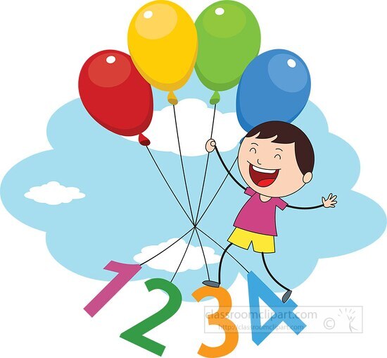 boy flying with colourful balloons numbers math clipart 6822