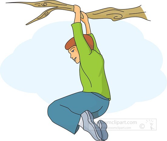 boy hangs from a tree branch clipart