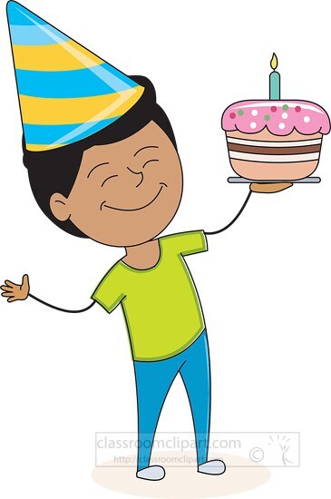 boy holding a birthday cake with candles clipart