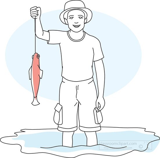 Sports Outline Clipart-boy holding fish on hook color outline clipart