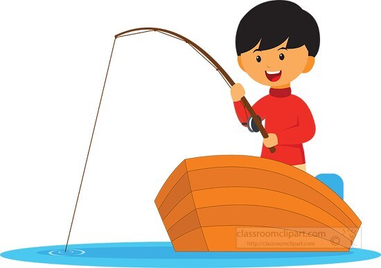 Fishing Clipart-boy holding fishing rod while in small wooden boat clipart