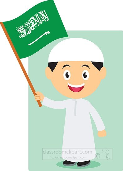 boy in traditional costume with flag saudi arabia clipart