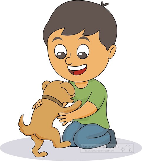 boy kneeling playing with his pet dog clipart