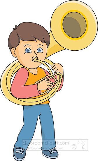 Cartoon tubist. Musician playing a tuba. Clipart, hand-drawn simple  illustration of a man playing a musical instrument. Stock Vector