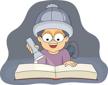 boy reading book in the dark with flashlight clipart
