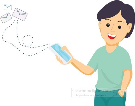 boy sending email from his mobile phone clipart