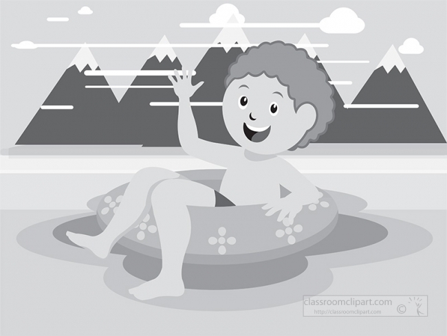 boy sitting inside inner tube on a lake gray clipart