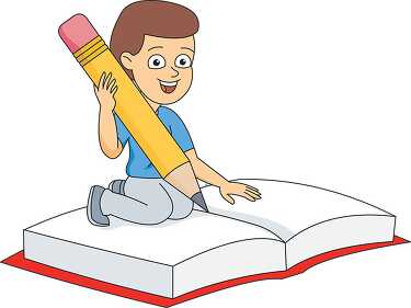 boy sitting on big book with big pencil in his hand