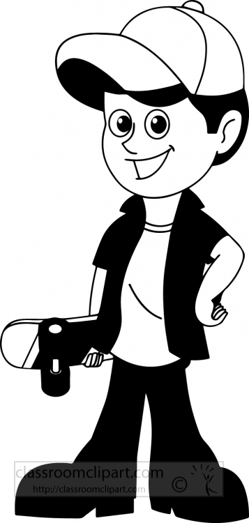 boy standing with his skateboard black white outline clipart