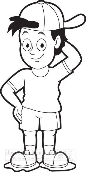 Children Outline Clipart Boy Wearing Backwards Hat Cartoon Style