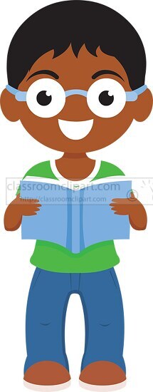 boy wearing glasses reading book back to school clipart