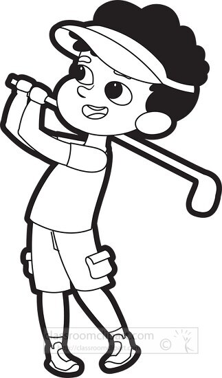 boy wearing hat swings golf club black outline