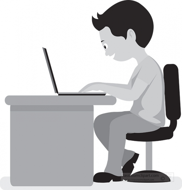boy working on laptop classroom school gray clipart