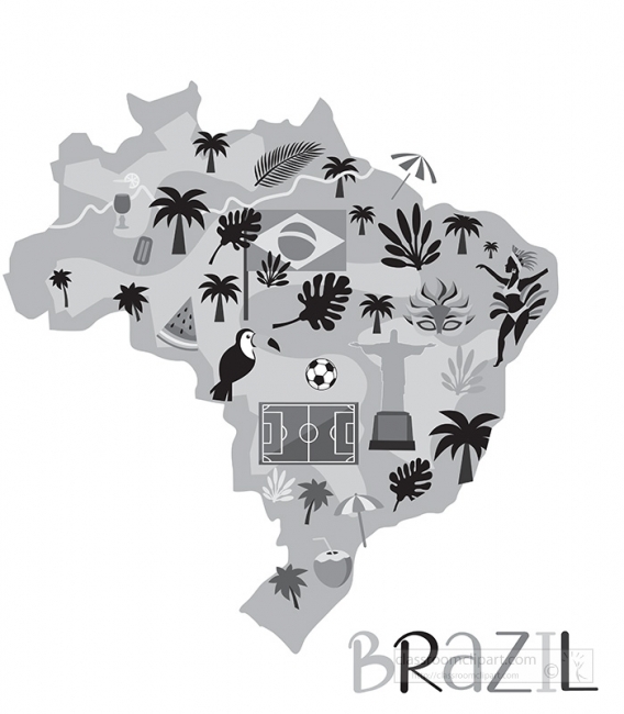 brazil map with cultural landmark symbols gray color