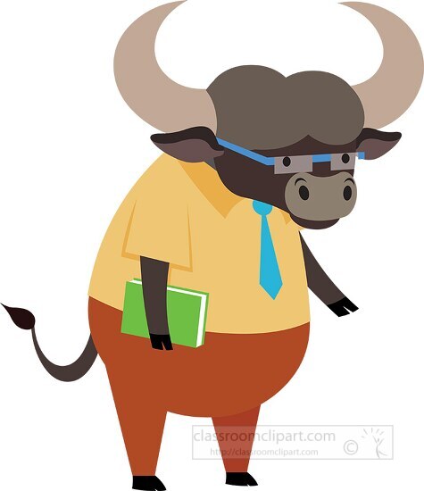 buffalo cartoon character holding book in arm clipart