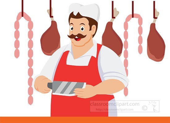 butcher holding knife with meats hanging in background clipart