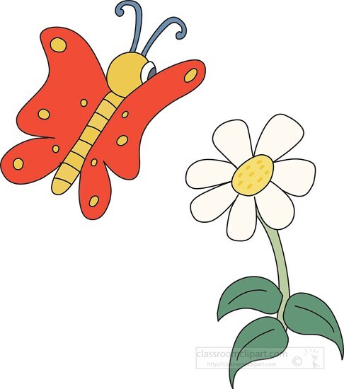 butterfly flying near white flower cartoon style clipart