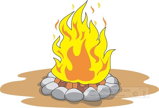 camp fire with flames and rocks around the fire