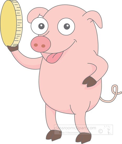 cartoon pig holding gold coin clipart 604A