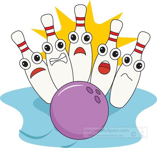 cartoon style bowling pins with ball clipart
