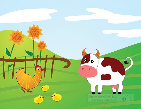 cartoon style cow with baby chickens on a farm clipart