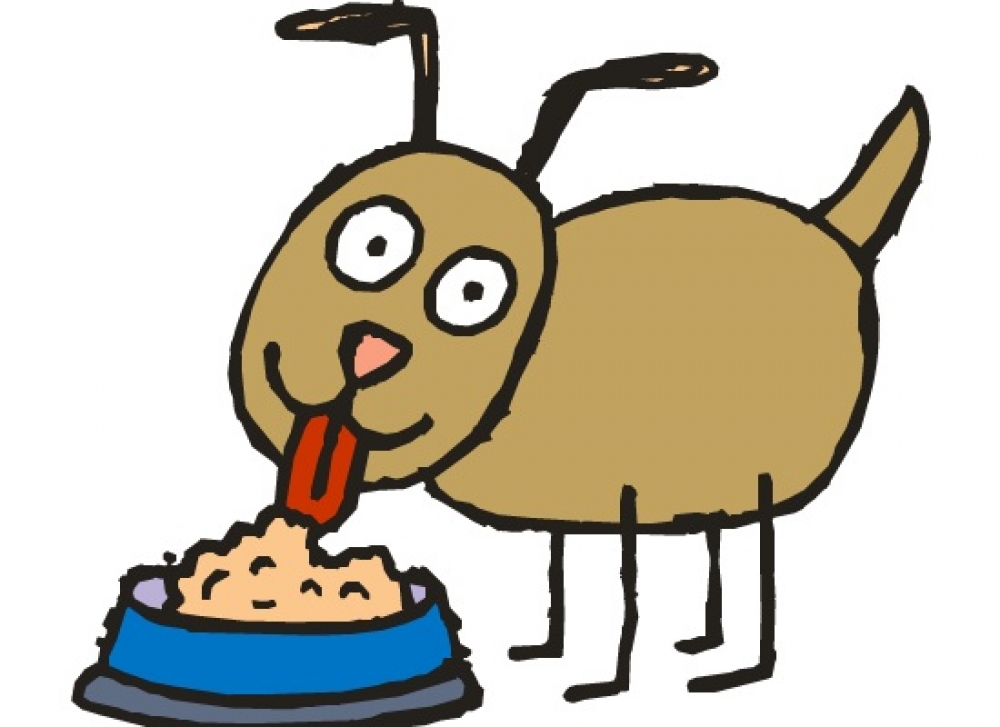 Animal Animated Clipart-cartoon style dog eating food from bowl