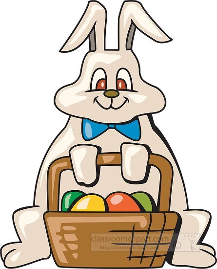 cartoon style easter bunny holding basket with eggs