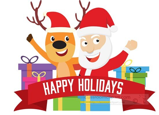 cartoon style santa with his reindeer celebrating holidays clipa