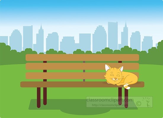 cat sleeping on park bench in the city clipart