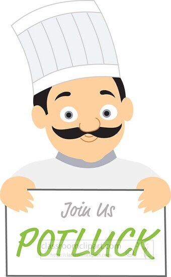 chef holding a join us potluck sign clipart
