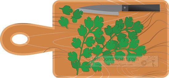 cilantrro on wood cutting board with knife clipart