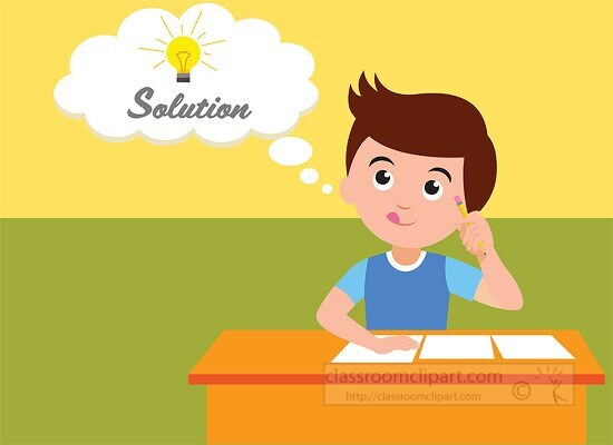clipart of boy sitting at desk in classroom thinking of solution