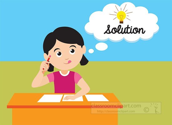 clipart of girl sitting at desk in classroom thinking of solutio