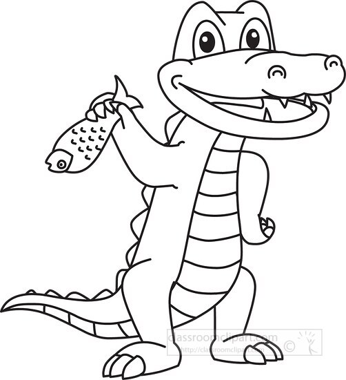 crocodile holding fish reptiles black white outline