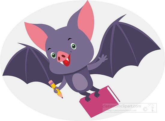 cute bat holding book pencil cartoon style clipart