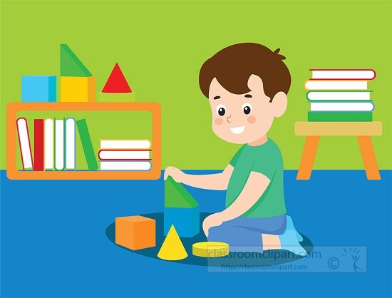 cute boy playing with blocks in kindergarten classroom clipart