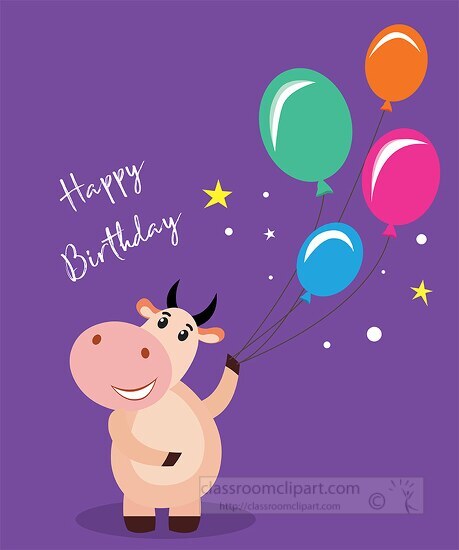 cute cow holding birthday balloons clipart