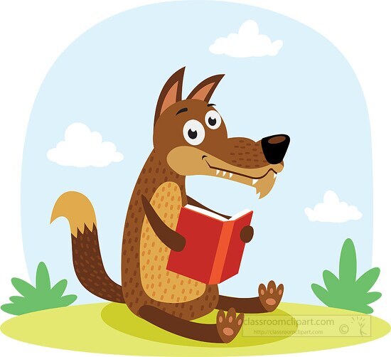 cute coyote character reading a book clipart