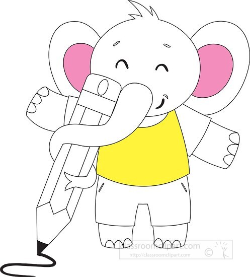 cute elephant character holding drawing pencil black outline col