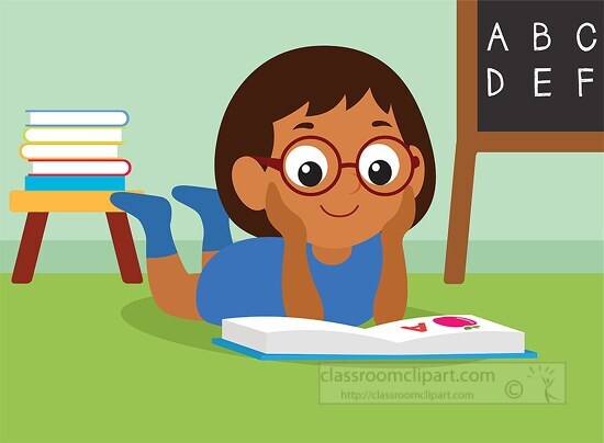cute girl reading book in kindergrden classroom clipart