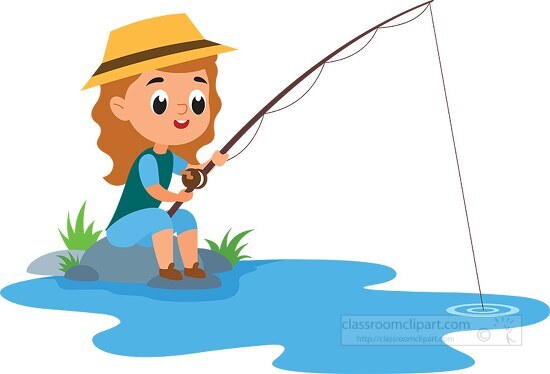 Fishing Clipart-cute little girl fishing in water hole clipart