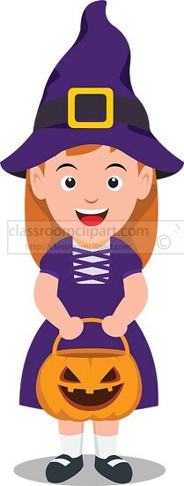 cute little girl wearing a witch costume carrying a trick or tre