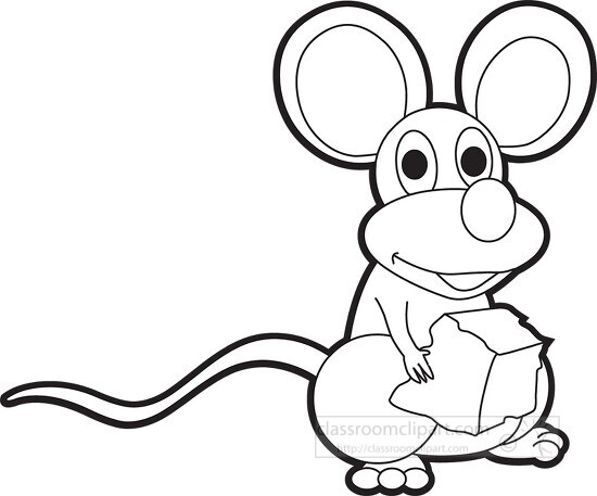 cute mouse holding cheese black outline clipart