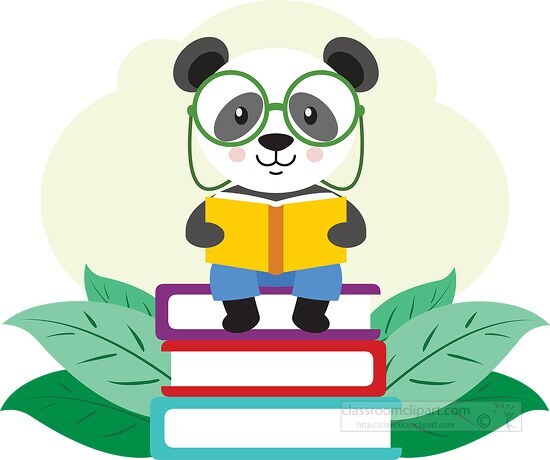 cute panda bear wearing glasses reading sitting on book clipart