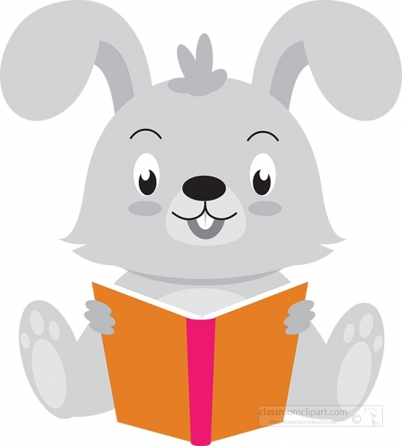 cute pink rabbit reading book gray color