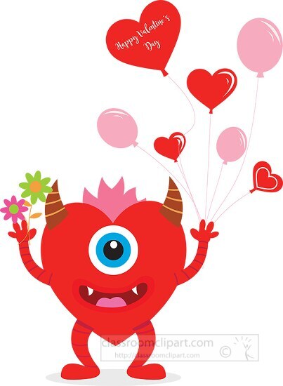 cute red heart shaped monster holding red heart shaped balloons