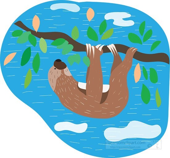 cute sloth hanging upside down on tree branch vector clipart