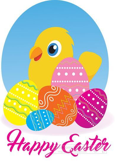 cute yellow chick with easter eggs clipart